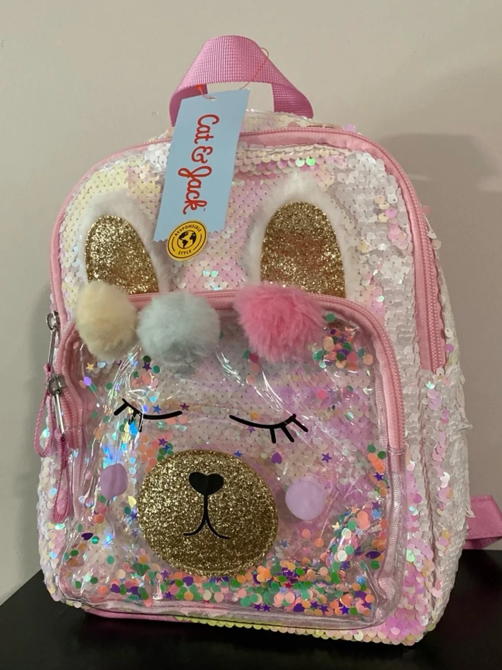 Cat & Jack Pink Sequin Bear Mini Backpack with Pom Ears